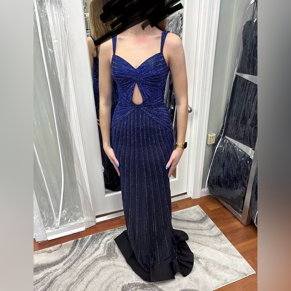 Sherri Hill Elegant Navy Blue Beaded Evening Gown
